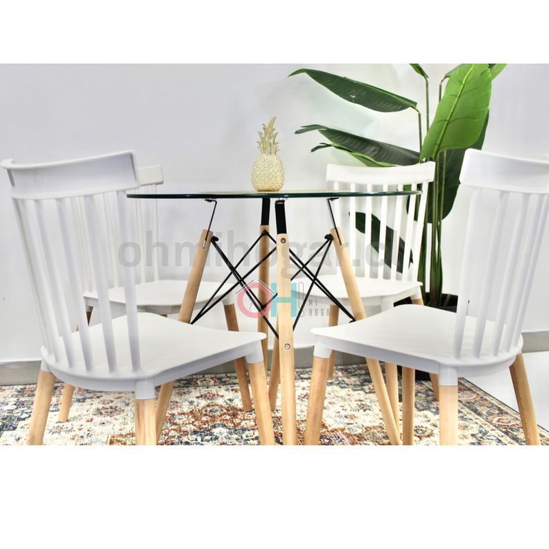 Comedor Redondo de Vidrio 80cm + 4 Sillas Windsor Blanco -1