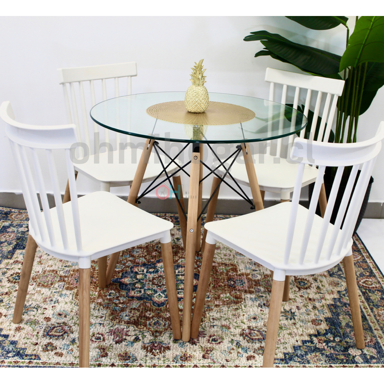 Comedor Redondo de Vidrio 80cm + 4 Sillas Windsor Blanco -2