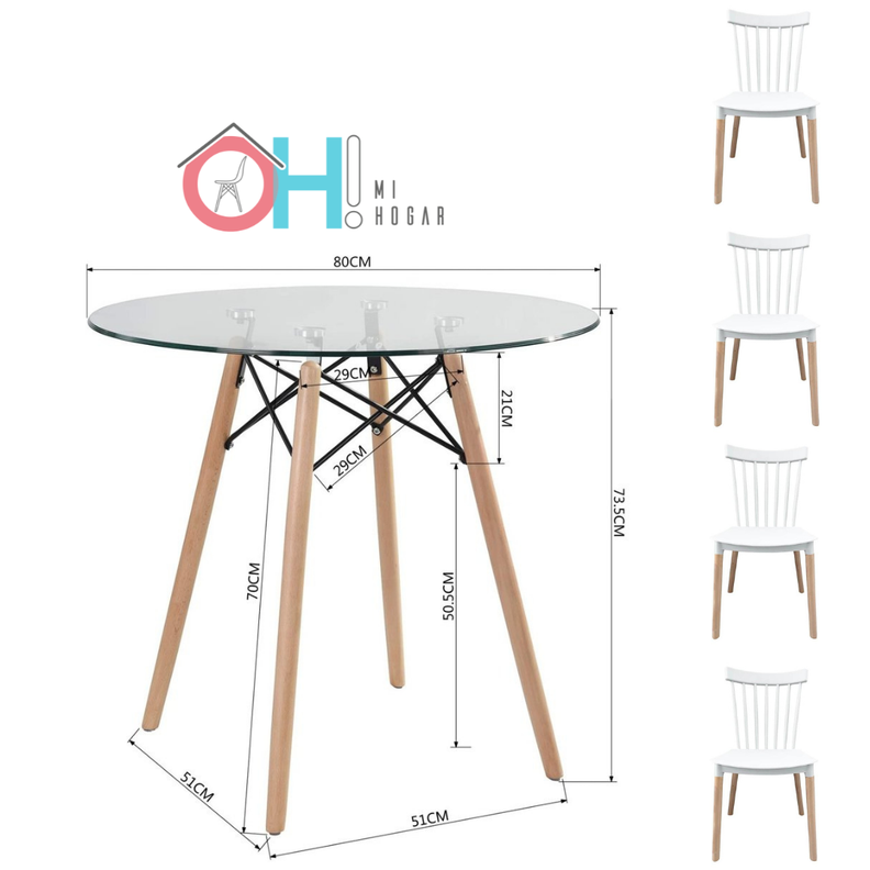 Comedor Redondo de Vidrio 80cm + 4 Sillas Windsor Blanco -3