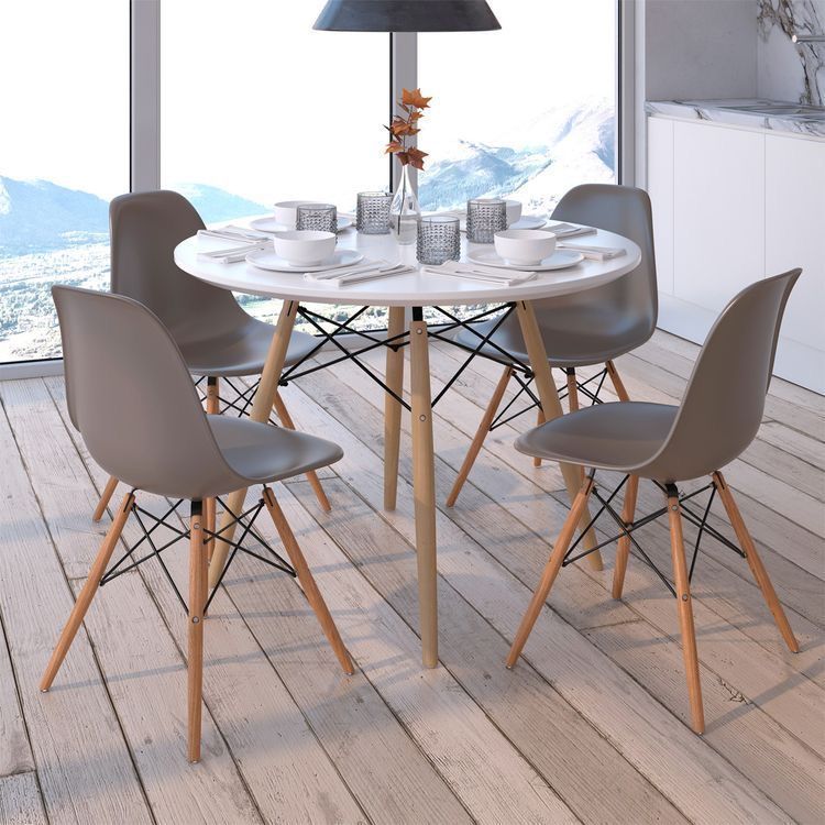 Comedor Redondo Blanco 80cm + 4 Sillas Eames Clásicas Plomo-3