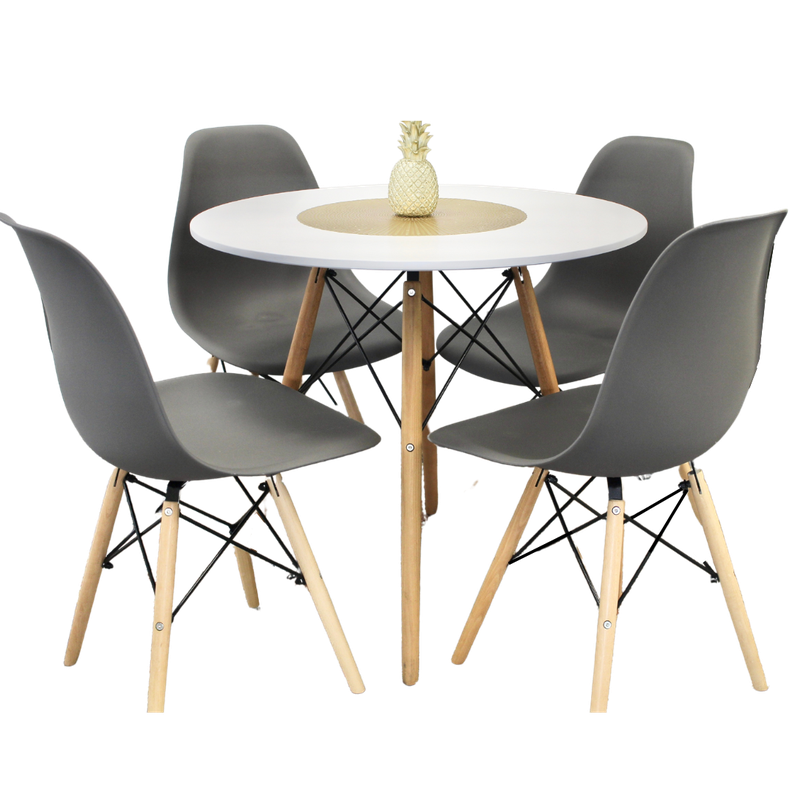 Comedor Redondo Blanco 80cm + 4 Sillas Eames Clásicas Plomo-0