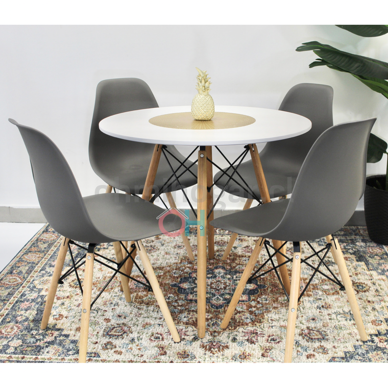 Comedor Redondo Blanco 80cm + 4 Sillas Eames Clásicas Plomo-1