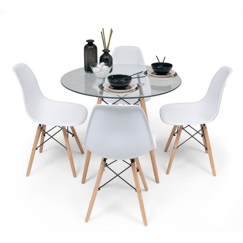 Comedor Redondo de Vidrio 80cm + 4 Sillas Eames Blanco-0
