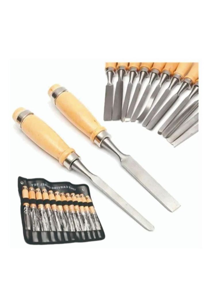 Set 12 Gubias Mango Madera - Incluye Estuche y Piedra Afilar-0
