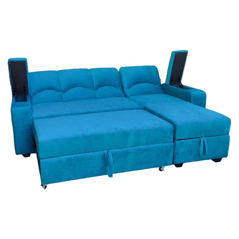 SECCIONAL CAMA BAUL FUNCIONAL 2 PZ DECO FELPA TURQUEZA DERECHO-2
