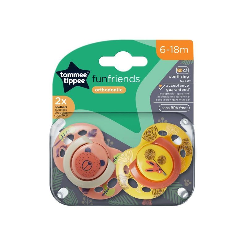 Chupete de silicona FunFriends 2 unidades 6-18 meses Rosado/Amarillo
