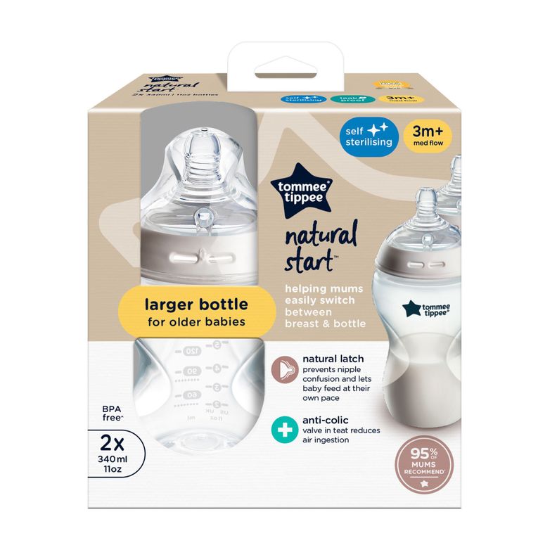 Pack 2 mamaderas 340ml Natural Start Flujo medio 3 meses+ Transparente 1-3 meses