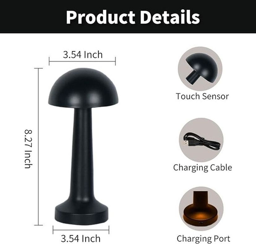 LAMPARA TOUCH HONGO RECARGABLE NEGRO - Dekora-4