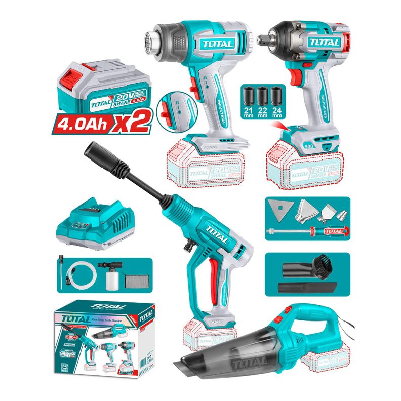 Kit Llave Impacto, Pistola de Calor, Hidrolavadora y Aspiradora 20V Total