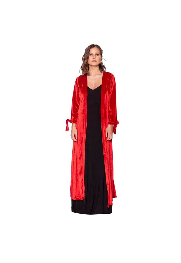 Tapado Kimono Largo Verona Rojo Terciopelo Lineas Maria Paskaro-1
