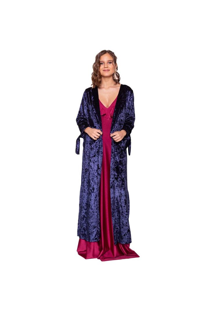 Tapado Kimono Largo Azul Jaspeado Terciopelo Maria Paskaro-0