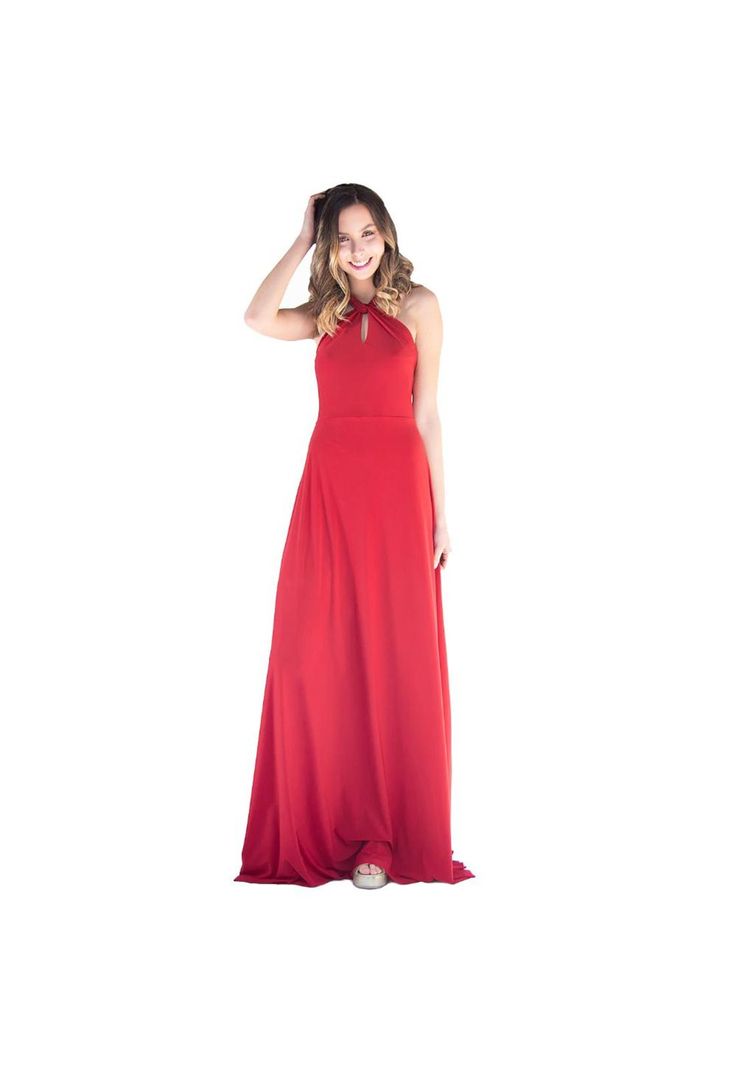 Vestido Largo Oporto Rojo Italiano Lycra Halter Amarra Maria Paskaro