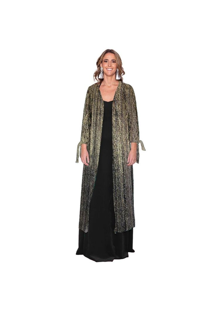 Tapado Kimono Largo Verona Negro Lineas Dorado Plisado Transparente Maria Paskaro-0