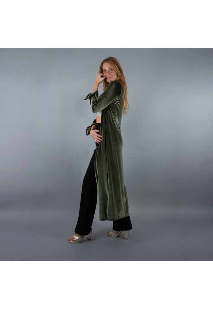 Tapado Kimono Largo Verde Terciopelo Maria Paskaro-1