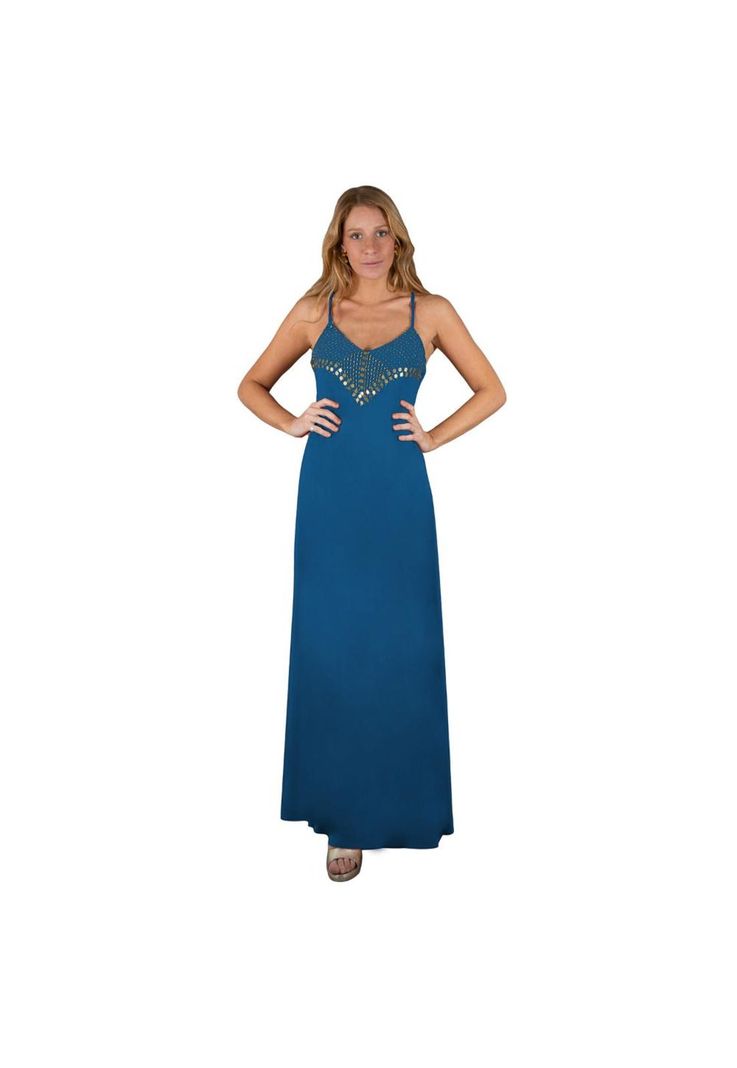 Vestido Largo Berlin Turquesa Lycra Bordado R Maria Paskaro-0