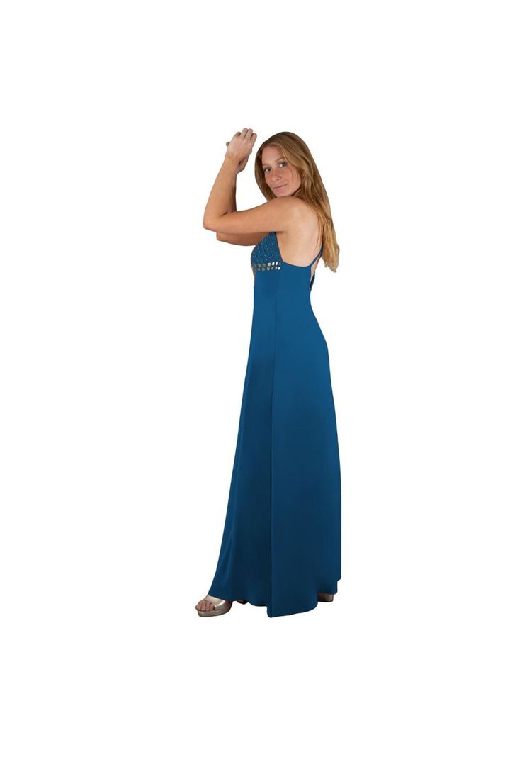 Vestido Largo Berlin Turquesa Lycra Bordado R Maria Paskaro-1