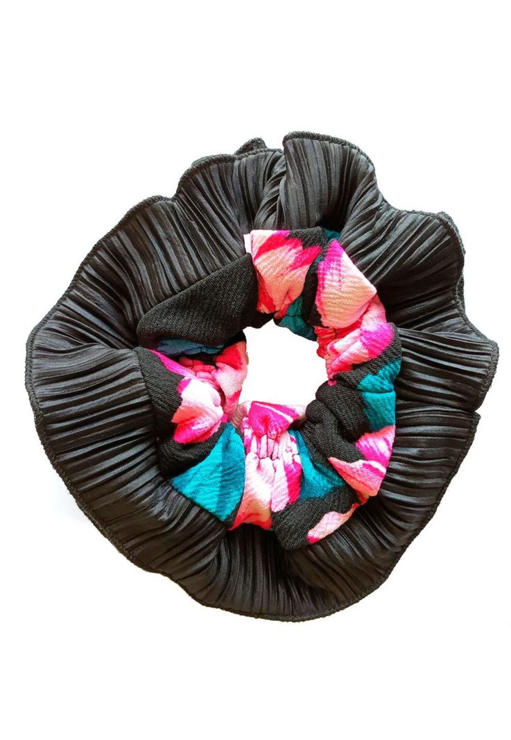 Scrunchie Collet Begonia M Negro Flores Fucsia Maria Paskaro-0
