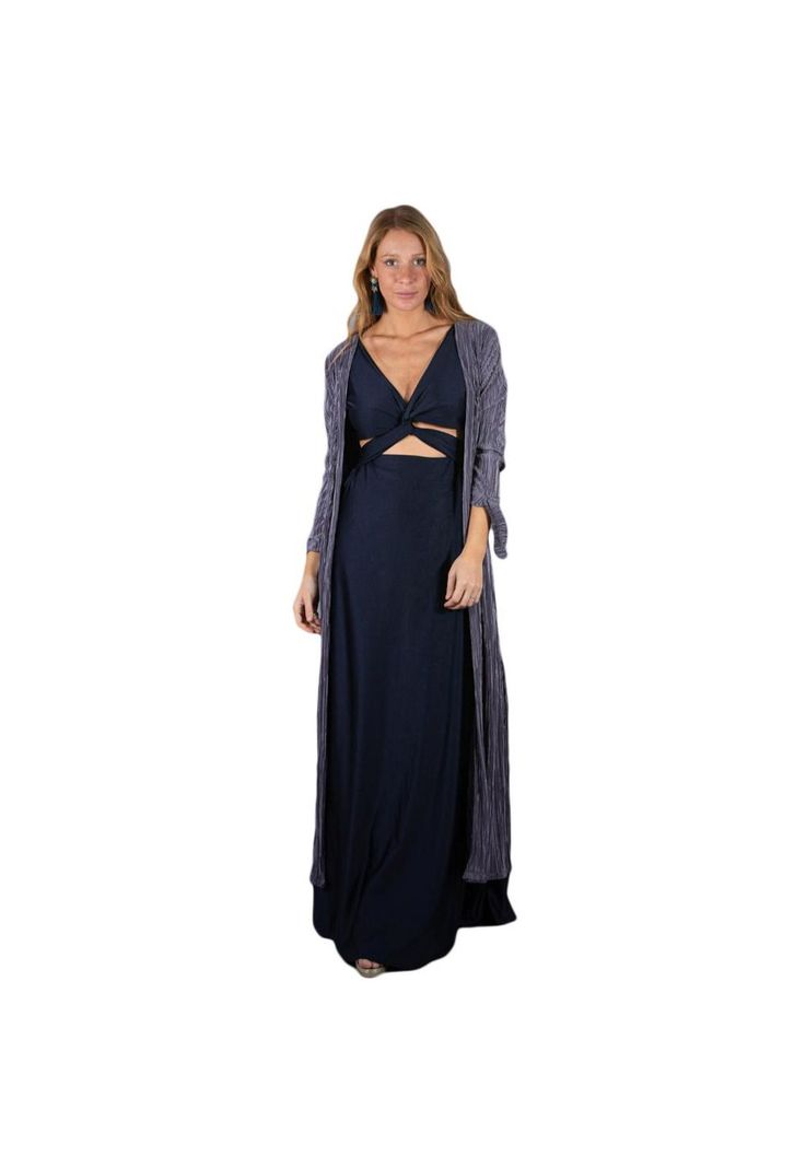 Tapado Kimono Largo Verona Gris Plisado Maria Paskaro-0