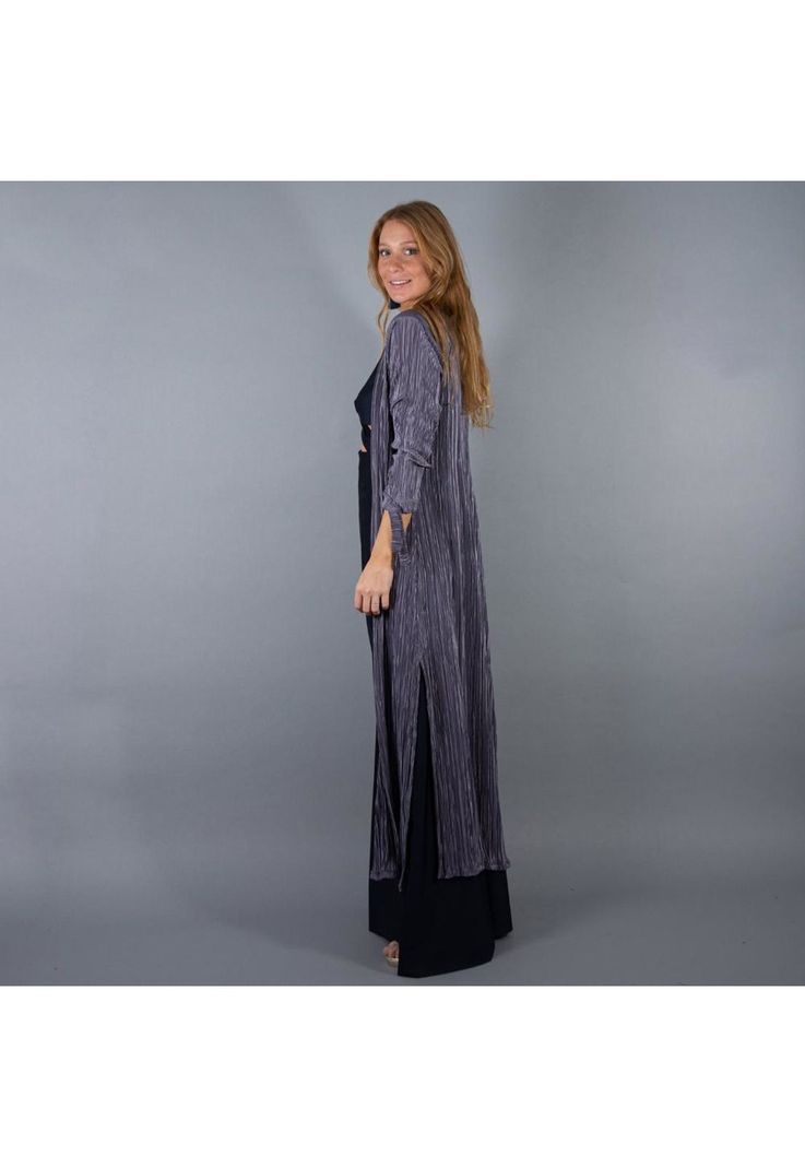 Tapado Kimono Largo Verona Gris Plisado Maria Paskaro-1