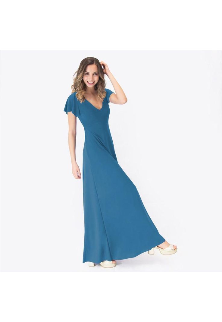 Vestido Largo Mangas Turquesa Lycra Lazo Espalda Maria Paskaro-1