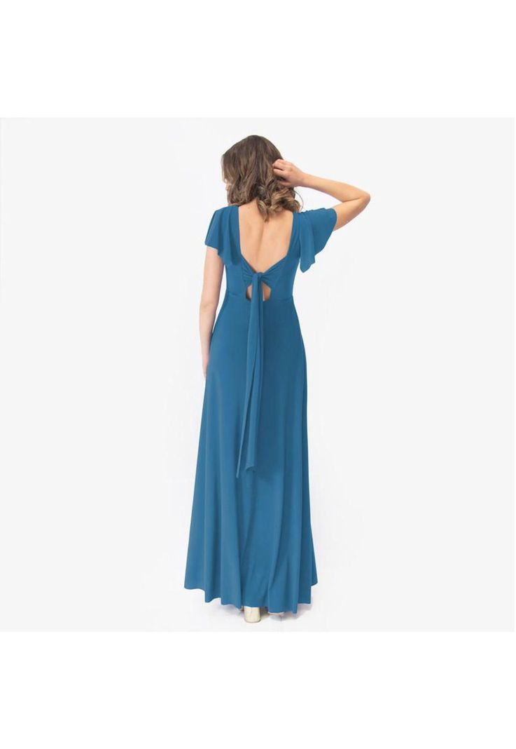 Vestido Largo Mangas Turquesa Lycra Lazo Espalda Maria Paskaro-2