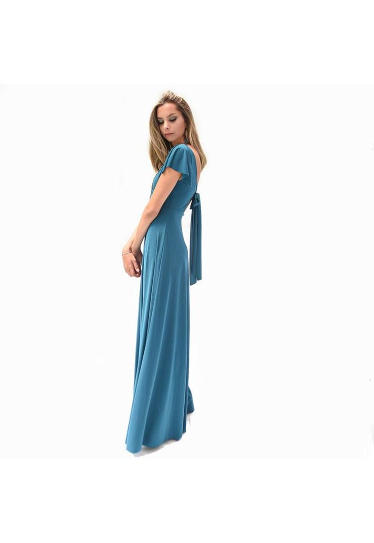 Vestido Largo Mangas Turquesa Lycra Lazo Espalda Maria Paskaro-4