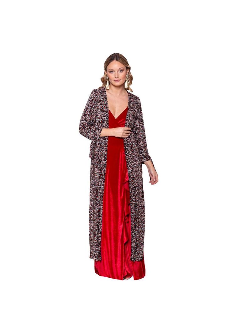 Tapado Kimono Largo Verona Animal Rojo Plisado Maria Paskaro-0
