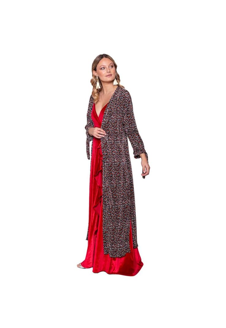 Tapado Kimono Largo Verona Animal Rojo Plisado Maria Paskaro-1