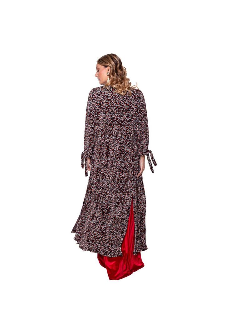 Tapado Kimono Largo Verona Animal Rojo Plisado Maria Paskaro-2