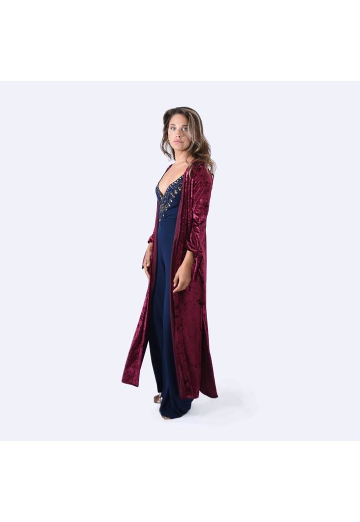 Tapado Kimono Largo Verona Cherry Jaspeado Terciopelo Maria Paskaro-2