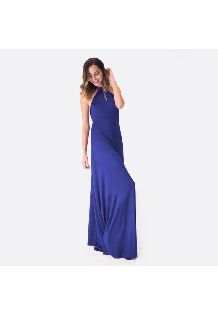Vestido Largo Oporto Azulino Lycra Halter Amarra Maria Paskaro-2