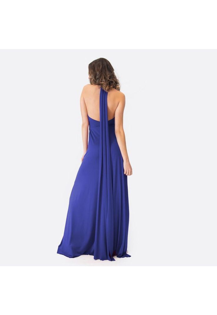 Vestido Largo Oporto Azulino Lycra Halter Amarra Maria Paskaro-4