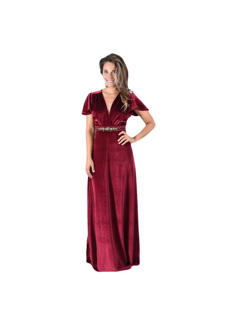 Vestido Largo York Burdeo Terciopelo Mangas  Maria Paskaro