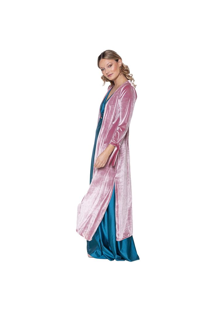 Tapado Kimono Largo Verona Rosa Terciopelo Brillante Maria Paskaro-1
