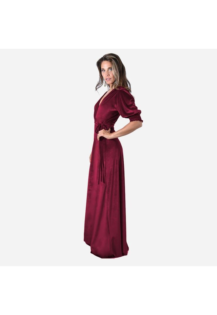 Vestido Largo Sevilla Burdeo Terciopelo Mangas  Maria Paskaro-1