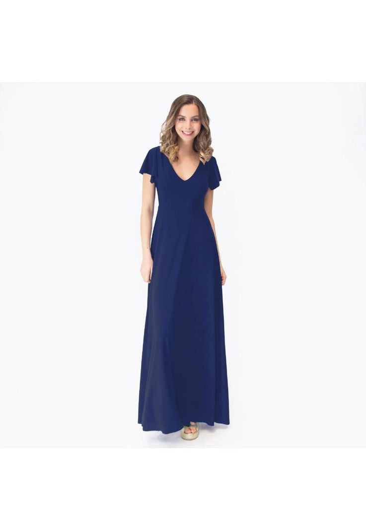 Vestido Largo Mangas Azul Marino Lycra Lazo Espalda Maria Paskaro-0