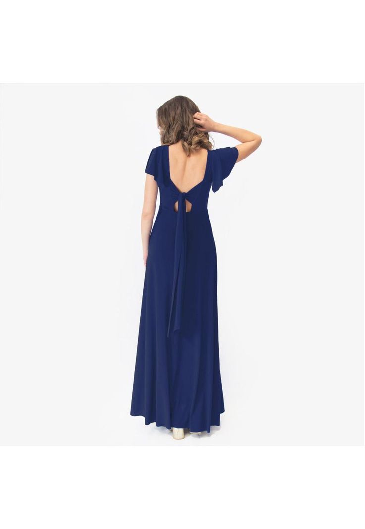 Vestido Largo Mangas Azul Marino Lycra Lazo Espalda Maria Paskaro-1