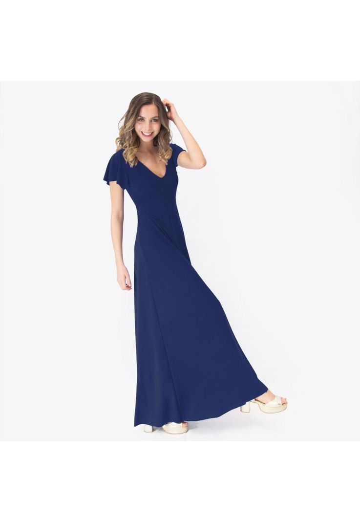 Vestido Largo Mangas Azul Marino Lycra Lazo Espalda Maria Paskaro-2