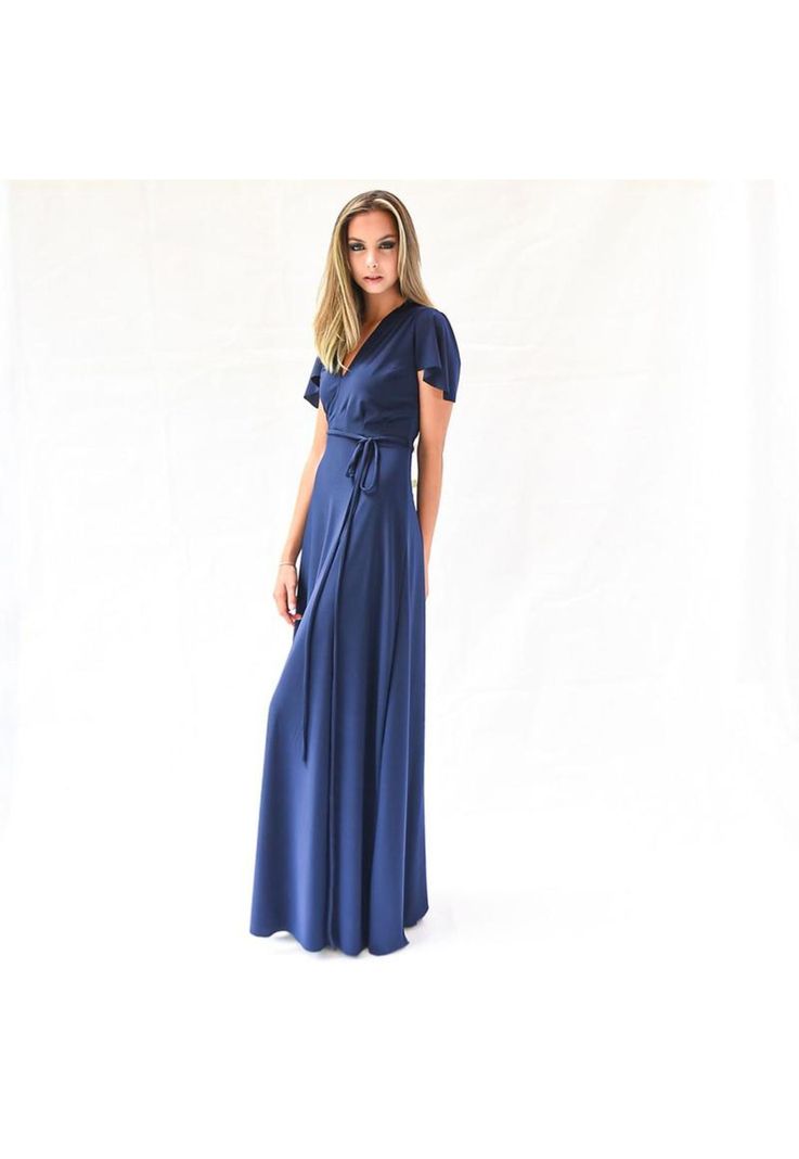 Vestido Largo York Azul Marino Lycra Mangas  Maria Paskaro-1