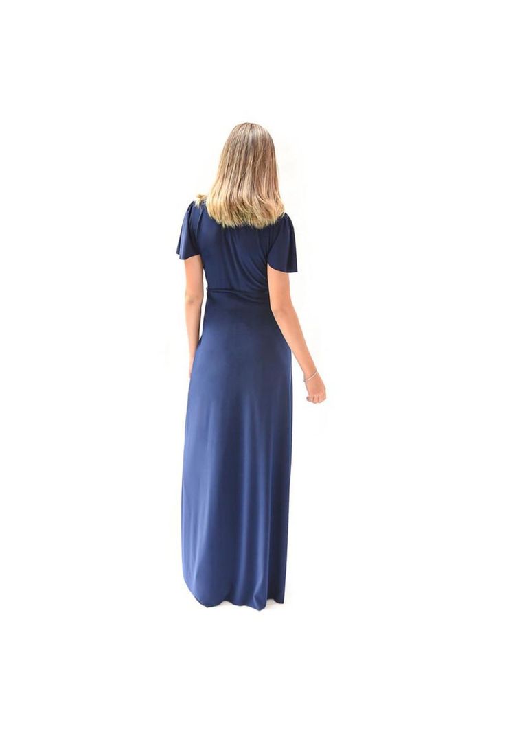 Vestido Largo York Azul Marino Lycra Mangas  Maria Paskaro-2