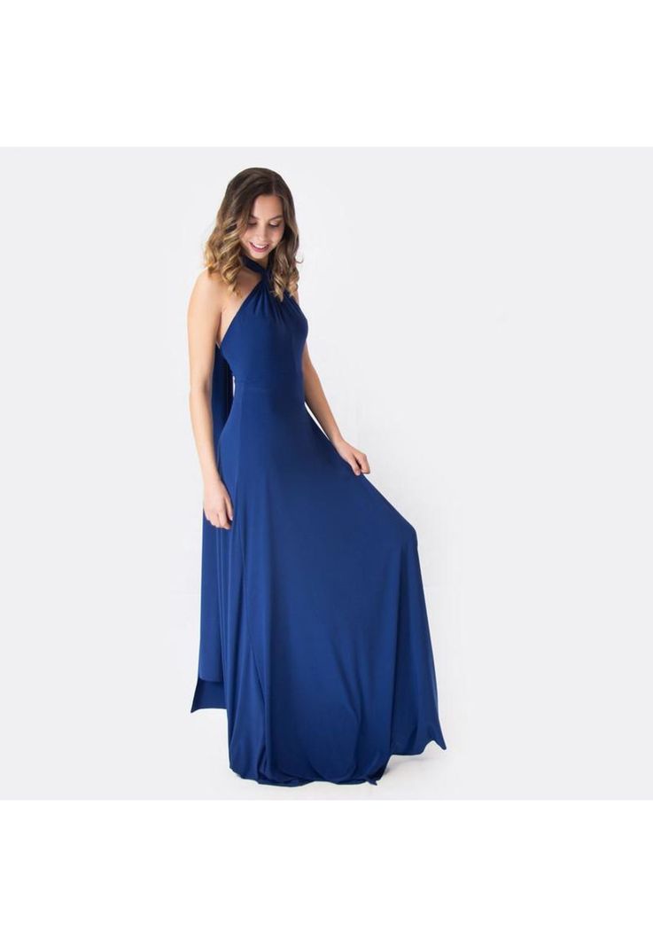 Vestido Largo Oporto Azul Marino Lycra Halter Amarra Maria Paskaro