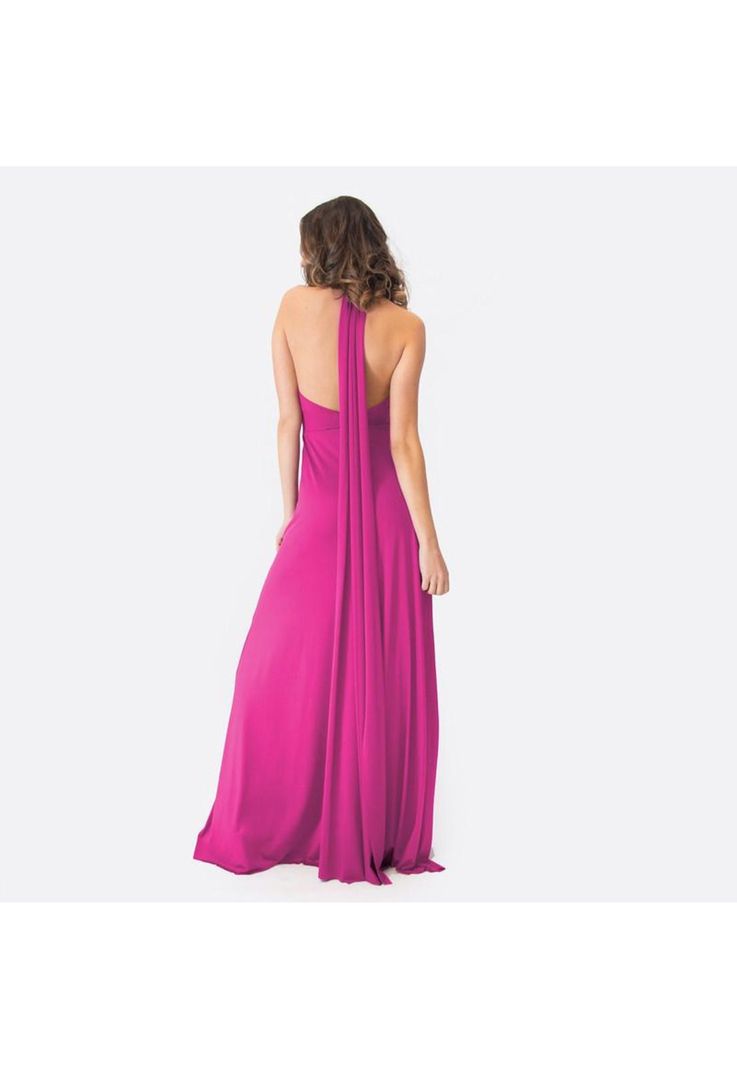 Vestido Largo Oporto Fucsia Lycra Halter Amarra Maria Paskaro-3