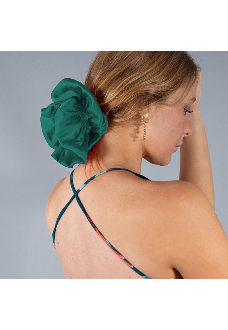 Scrunchie Collet Camelia L Verde Botella Seda Maria Paskaro-0