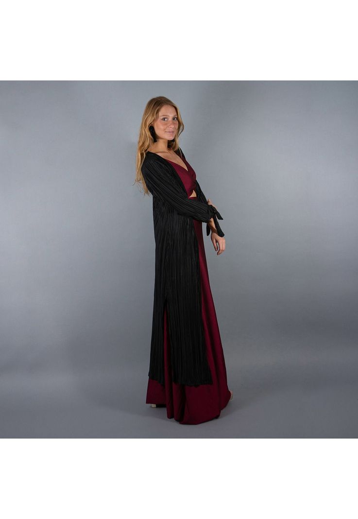 Tapado Kimono Largo Verona Negro Plisado Maria Paskaro-2