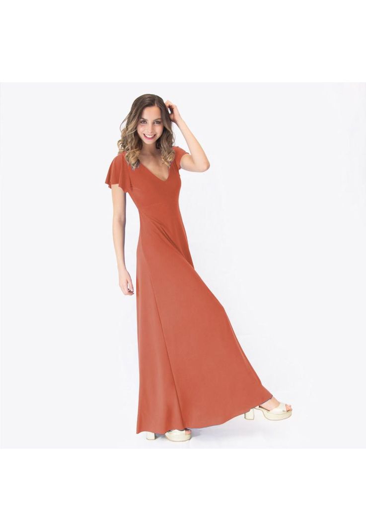Vestido Largo Mangas Naranjo Lycra Lazo Espalda Maria Paskaro-1