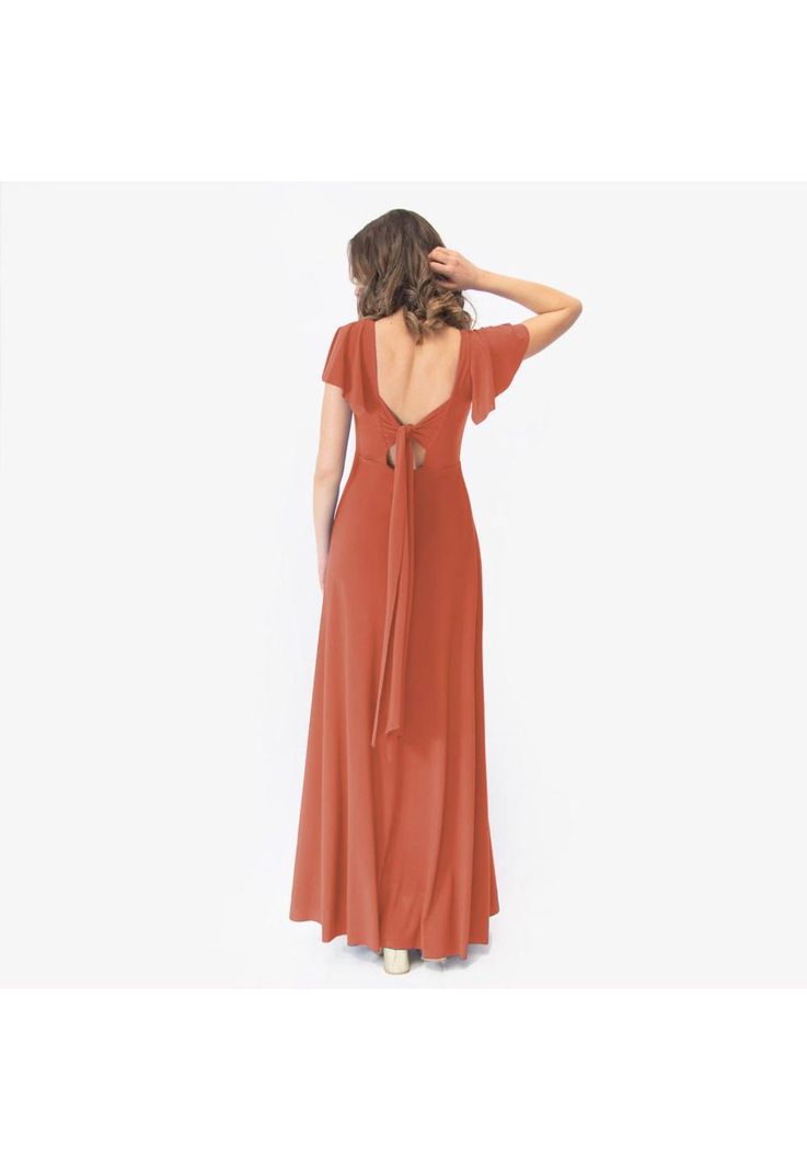 Vestido Largo Mangas Naranjo Lycra Lazo Espalda Maria Paskaro-2