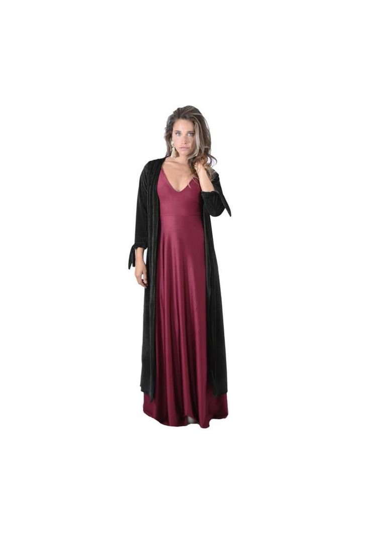 Tapado Kimono Largo Verona Negro Lineas Terciopelo Maria Paskaro-0
