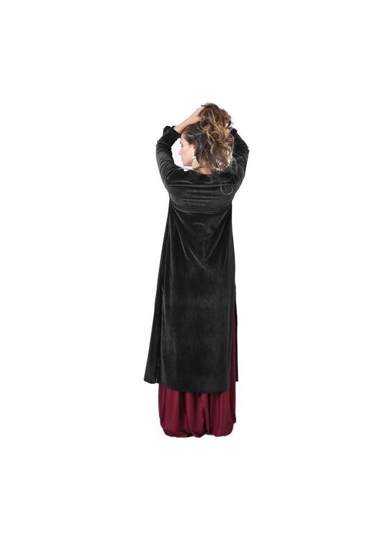Tapado Kimono Largo Verona Negro Lineas Terciopelo Maria Paskaro-2