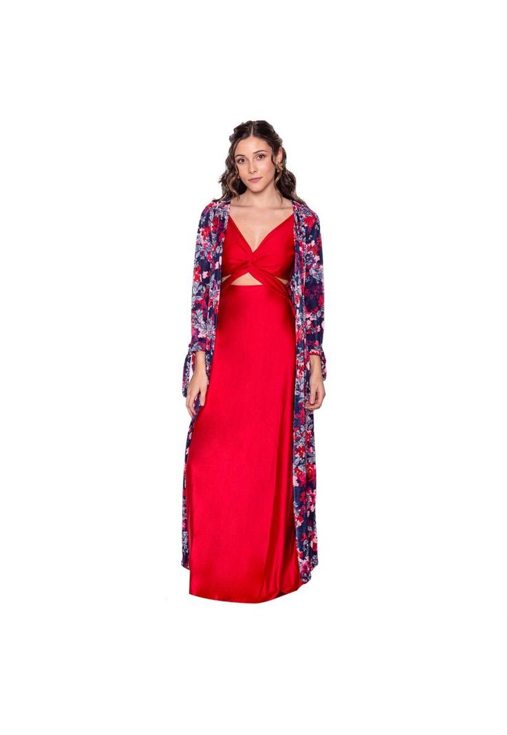 Tapado Kimono Largo Verona Azul Flores Plisado Maria Paskaro-0
