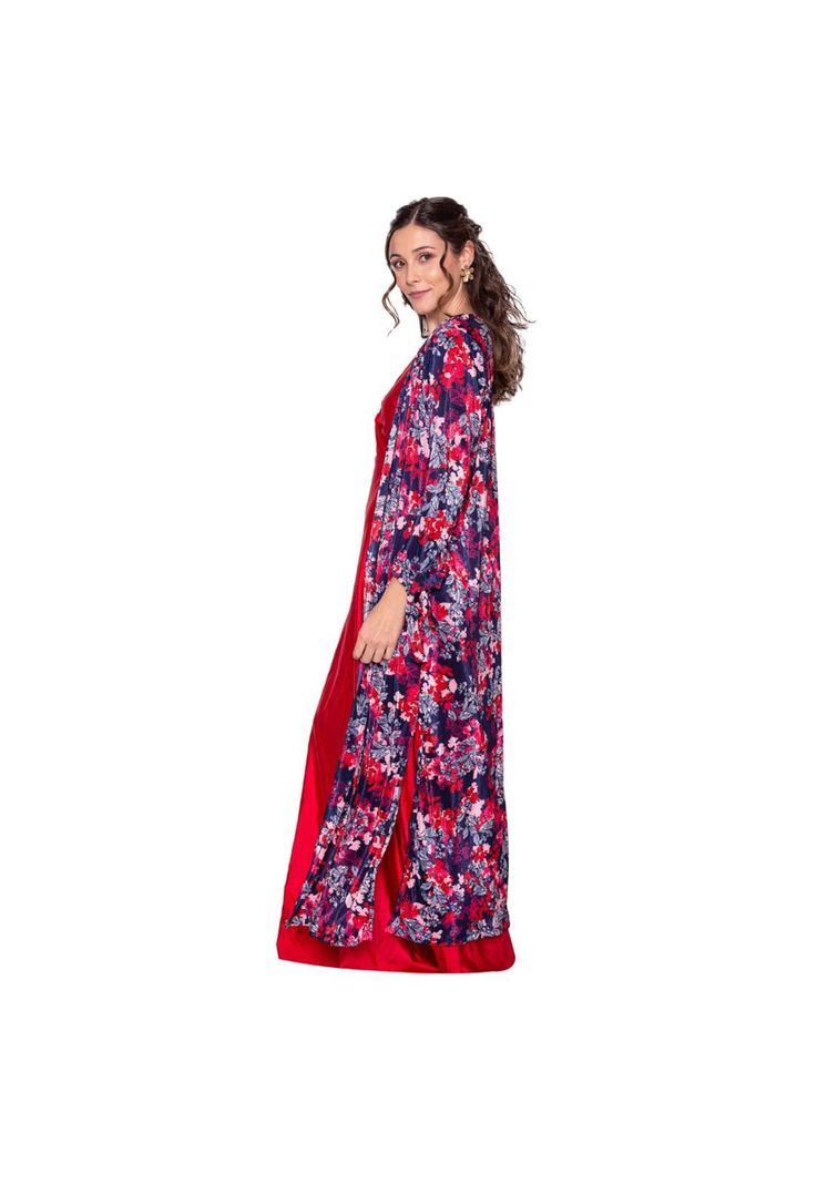 Tapado Kimono Largo Verona Azul Flores Plisado Maria Paskaro-1